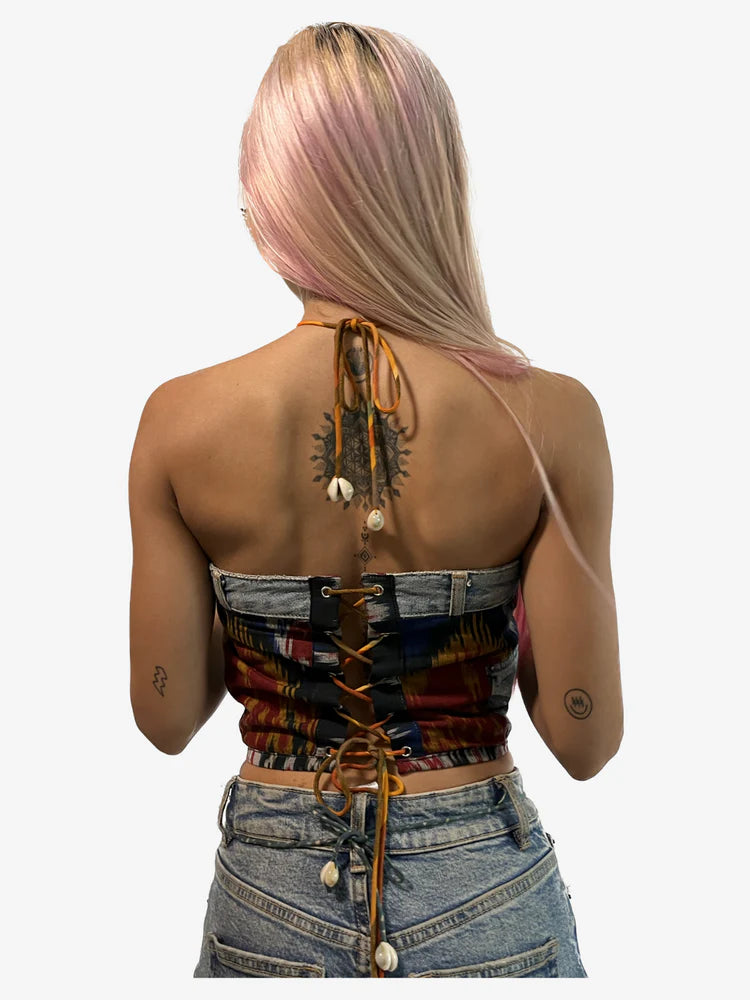 IKAT HALTER DENIM CORSET