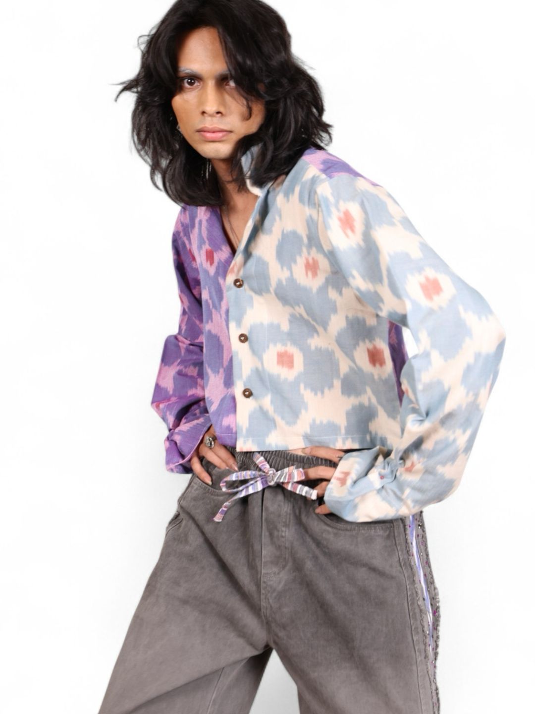 Half and Half Ikat Cropped Shirt